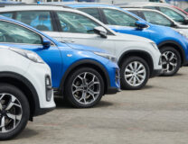 row of used cars. Rental or automobile sale services at dealer place